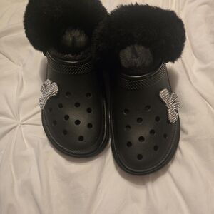 CROCS Black Furry Women's Mules with Silver Accents
